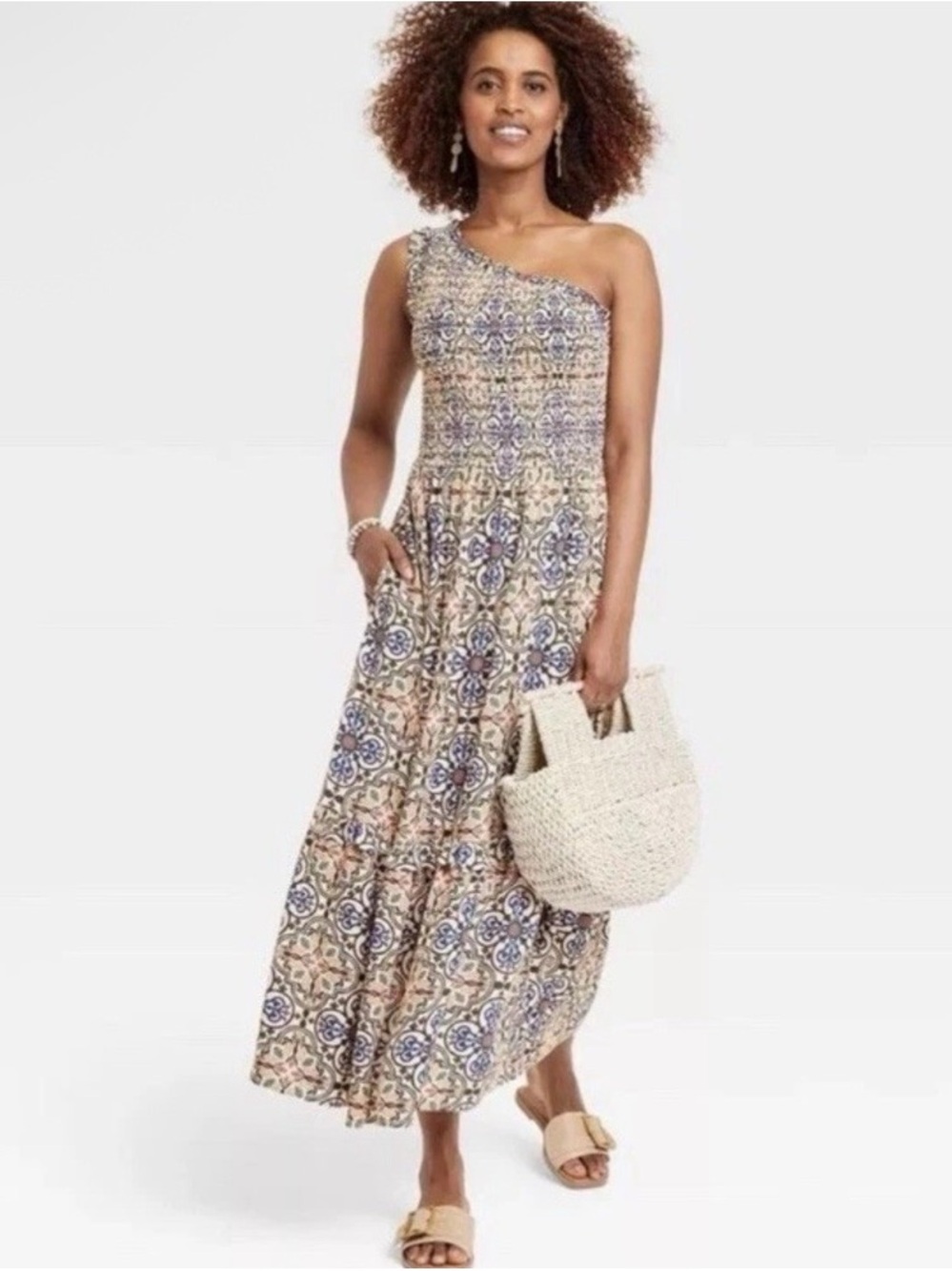 Knox Rose Bohemian One-Shoulder Blue & Cream Printed Maxi Dress